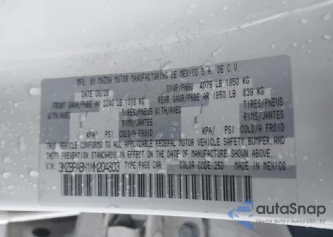 2021 Mazda Mazda3 Select из США, поврежденный, VIN 3MZBPABM1MM204803